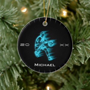 Modern Blue Basketball Ghost Player Name & Year Ceramic Ornament