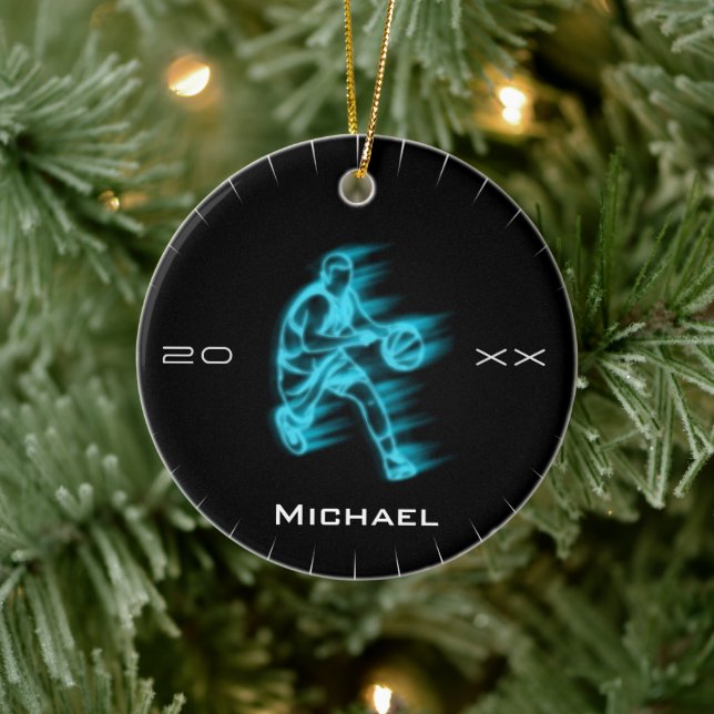 Modern Blue Basketball Ghost Player Name & Year  Ceramic Ornament (Tree)