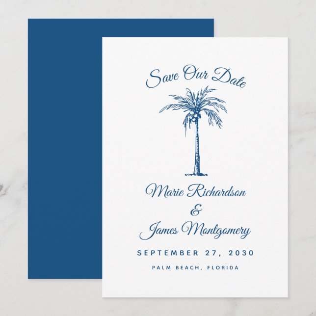 Modern Blue Beach Wedding Save the Date (Front/Back)