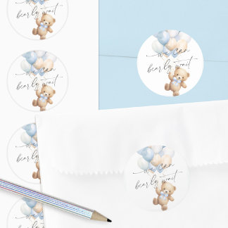 Modern Blue Bearly Wait baby Boy Shower Classic Round Sticker