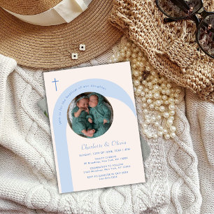 Modern Blue Beige Boho Arch Photo Cross Baptism Invitation