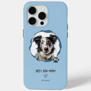 Modern Blue Best Dog Mom Photo iPhone 15 Pro Max Case
