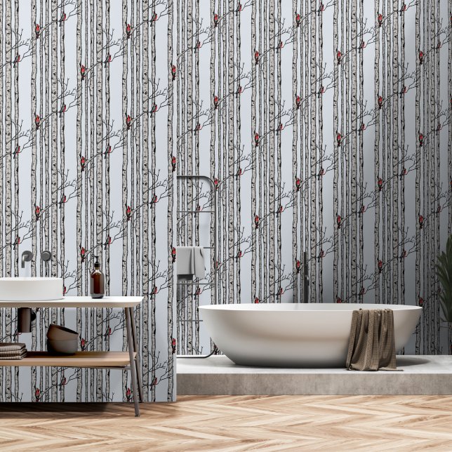 Modern Blue Birch Trees and Red Cardinal Birds Wallpaper (Bathroom)