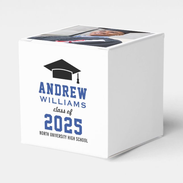 Modern Blue Black Custom Photo Graduation Favor Box (Front Side)