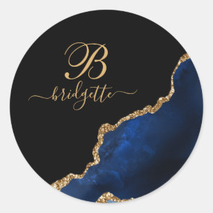 Modern Blue Black Gold Agate Geode Classic Round Sticker