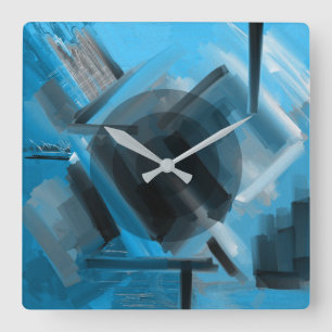 Modern Blue Black Grey Dynamic Abstract Art Square Wall Clock