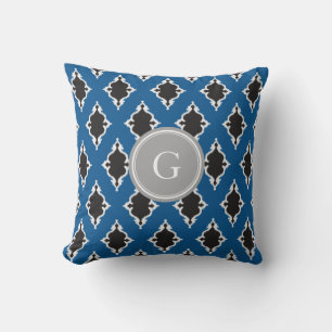Modern blue black ikat tribal pattern monogram throw pillow
