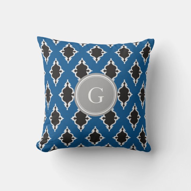 Modern blue black ikat tribal pattern monogram throw pillow (Front)