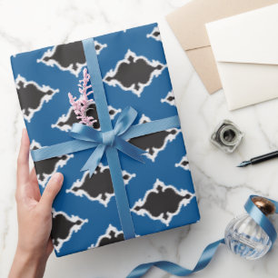Modern blue black ikat tribal pattern monogram wrapping paper