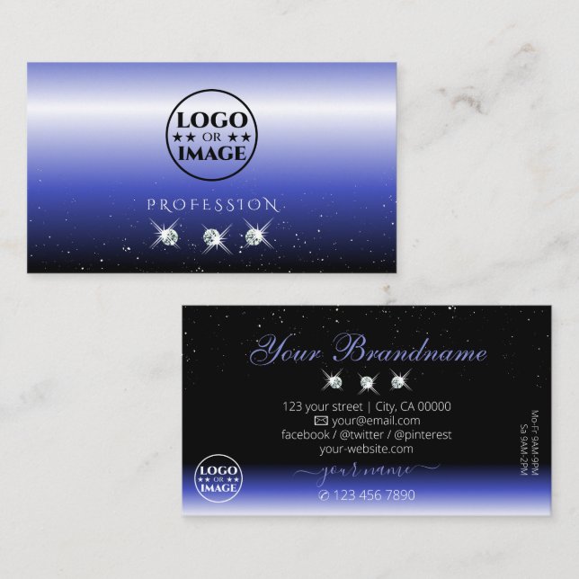 Modern Blue Black Ombre Sparkle Diamonds with Logo Business Card (Front/Back)