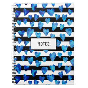 Modern Blue Black Striped Love Heart Personalized Notebook