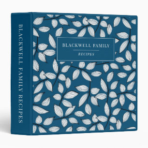Modern Blue Black White Leaf Pattern Recipe Binder