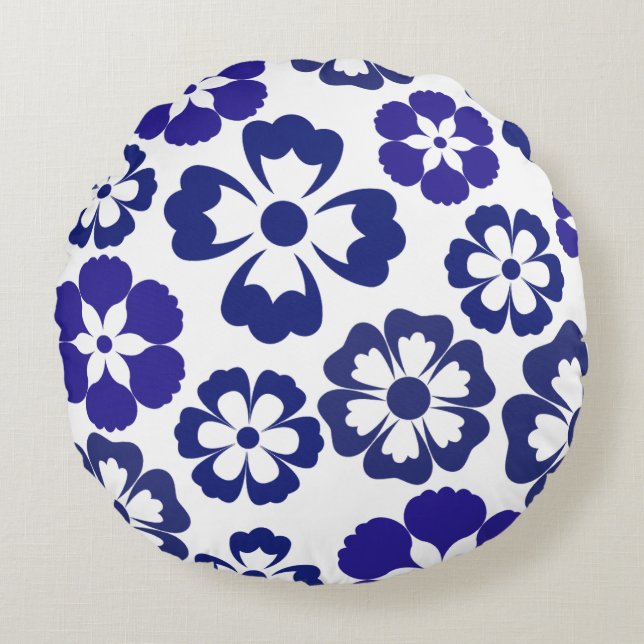 Modern Blue Blooms Round Pillow (Front)