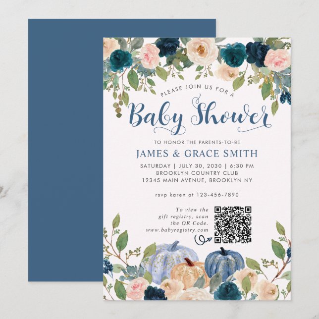 Modern Blue Blush Pink Floral Pumpkin Baby Shower Invitation (Front/Back)