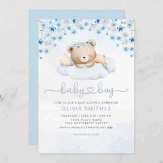 Modern Blue Boho Teddy Bear Boy Baby Shower  Invitation