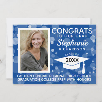 Modern Blue Bokeh Bubbles Photo Graduation Invitation