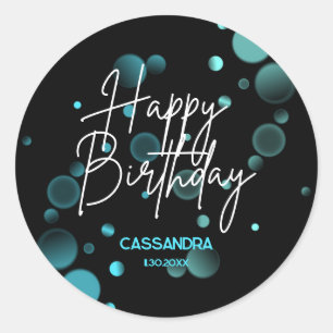 Modern Blue Bokeh Gradient Black Happy Birthday Classic Round Sticker