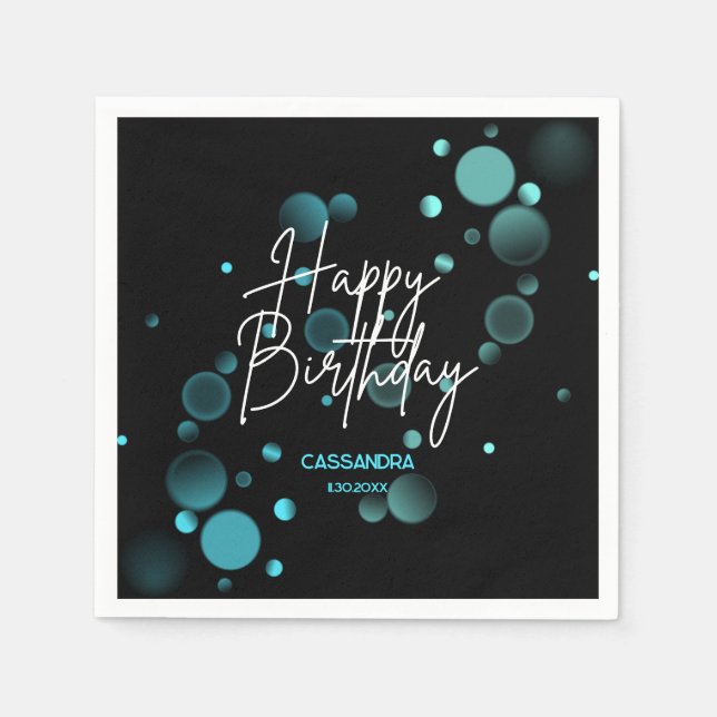 Modern Blue Bokeh Gradient Black Happy Birthday Napkin (Front)