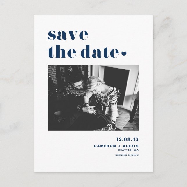 Modern Blue Bold Typography Photo Save the Date Announcement Postcard (Front)