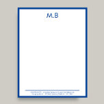 Modern Blue border Monogram Business Letter<br><div class="desc">A "Modern Monogram Blue Border Initial Company Mail Letterhead" combines a contemporary design with a bold blue border and a personalized monogram or initials. This letterhead emphasizes a professional yet stylish aesthetic, featuring the company’s contact details for clear and effective communication. It’s perfect for businesses looking to showcase their brand...</div>