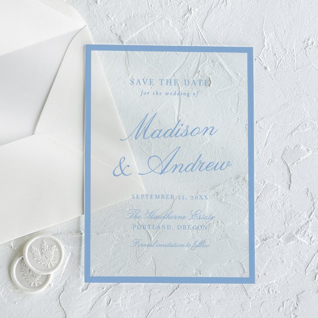 Modern Blue Border Wedding Save the Date Acrylic Invitations (Creator Uploaded)