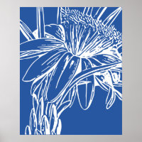 Modern Blue Botanical Floral Line Drawing Artwork