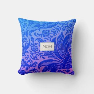 Modern Blue Botanical Monogram Throw Pillow