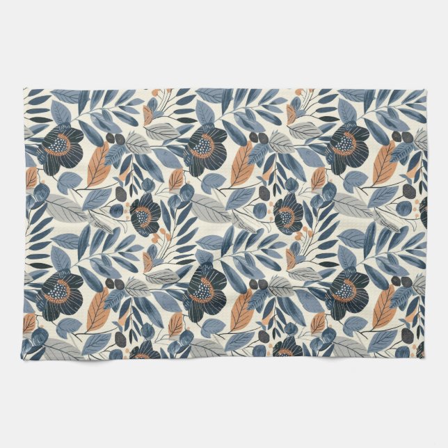 Modern Blue Botanical Spring Floral Kitchen Towels (Horizontal)