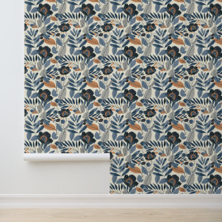 Modern Blue Botanical Spring Floral Wallpaper