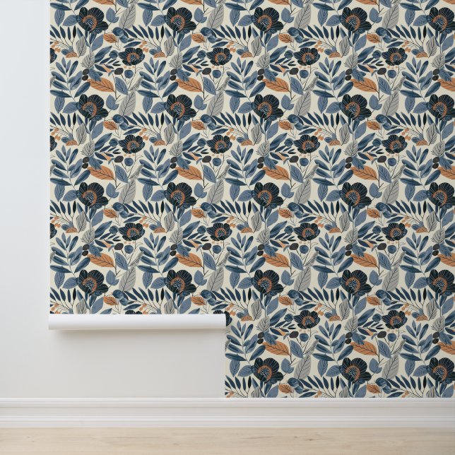Modern Blue Botanical Spring Floral Wallpaper (Application)