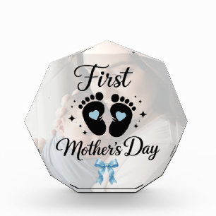 Modern Blue Bow 1st Mother's Day Custom Typography Photo Block