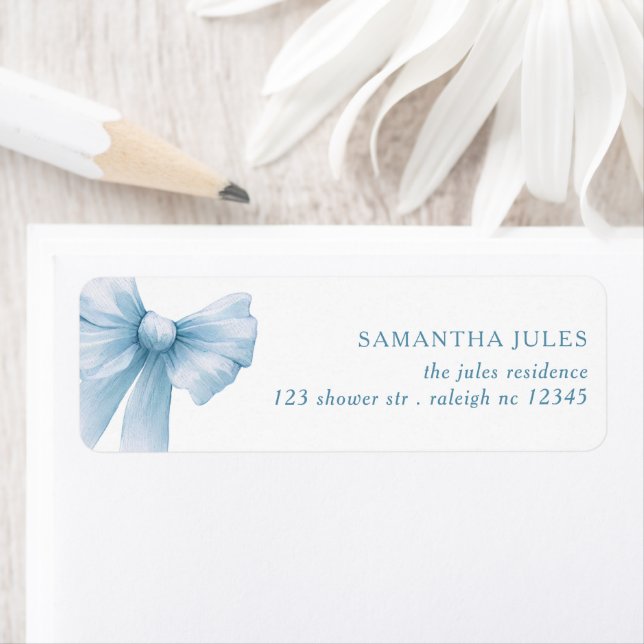 Modern Blue Bow Baby Shower Return Address (Insitu)