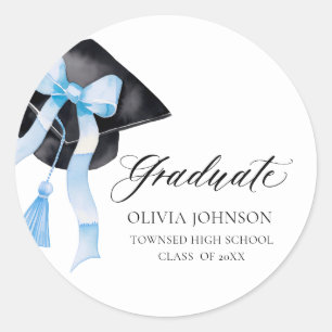 Modern Blue Bow Coquette Graduation Cap Graduate Classic Round Sticker