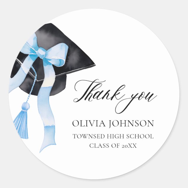 Modern Blue Bow Coquette Graduation Cap Graduation Classic Round Sticker (Front)