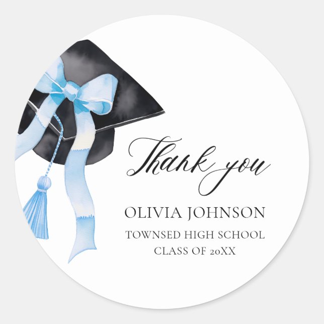 Modern Blue Bow Coquette Graduation Cap Graduation Classic Round Sticker (Front)