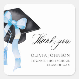 Modern Blue Bow Coquette Graduation Cap Thank you Square Sticker