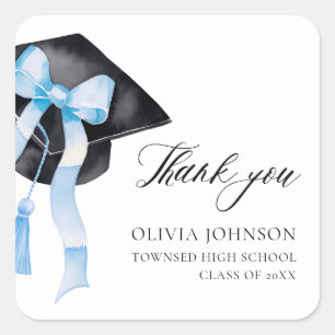 Modern Blue Bow Coquette Graduation Cap Thank you Square Sticker