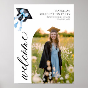 Modern Blue Bow Coquette Graduation Cap Welcome Poster