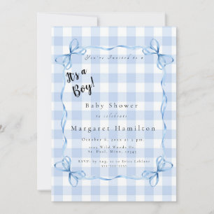 Modern Blue Bow Gingham Baby It's a Boy Shower  Invitation