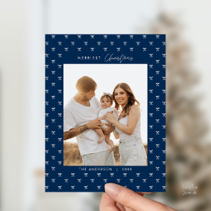Modern Blue Bow Pattern Family Photo Christmas Postcard
