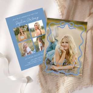 Modern Blue Bow Photo Graduation Party Invitation