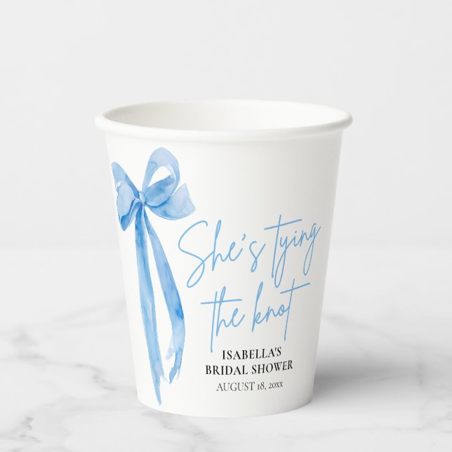 Modern Blue Bow She's Tying the Knot Bridal Shower Paper Cups (Front)