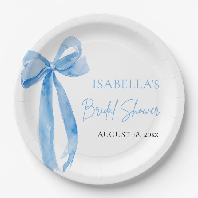Modern Blue Bow She's Tying the Knot Bridal Shower Paper Plate (Front)