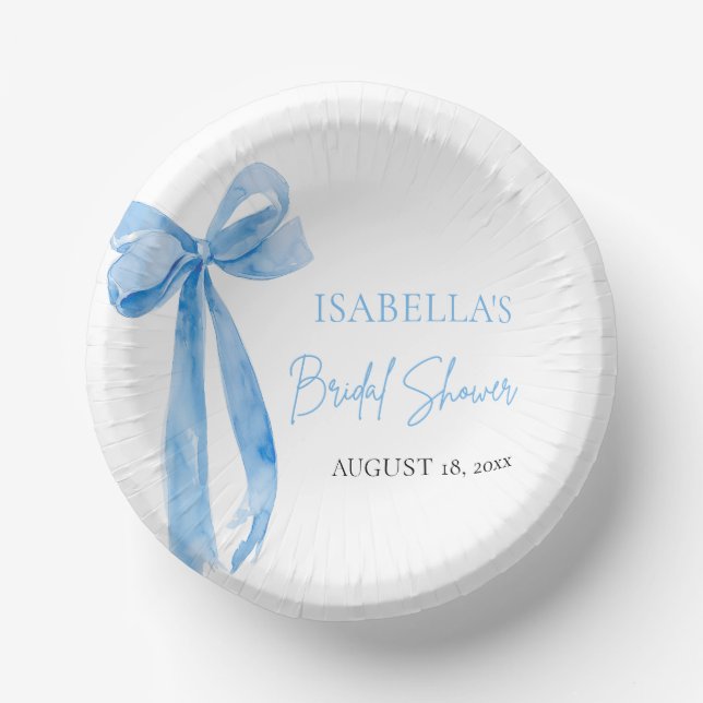 Modern Blue Bow She's Tying the Knot Bridal Shower Paper Plate (Front)