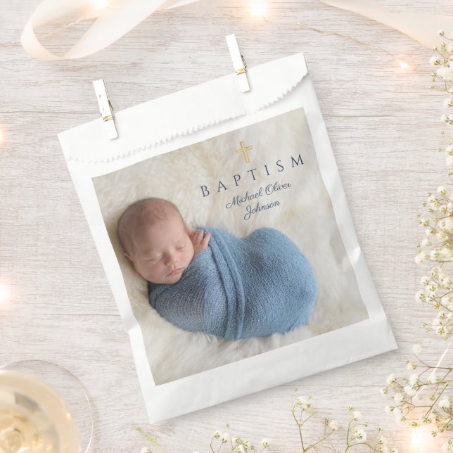 Modern Blue Boy Baptism Photo Favour Bag (Clipped)