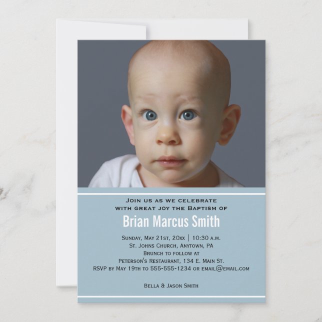 Modern Blue Boy Baptism Photo Invitation (Front)