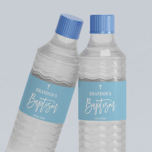 Modern Blue Boy Baptism  Water Bottle Label