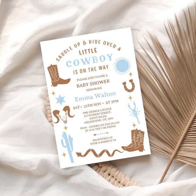 Modern Blue Brown Rodeo Cowboy Baby Shower Invitation (Little Cowboy Baby Shower Invitation, Blue Brown Western Baby Shower Invitation Boy Western Southern)