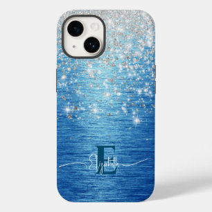 Modern Blue Brushed Metal Silver Glitter Monogram Case-Mate iPhone 14 Case