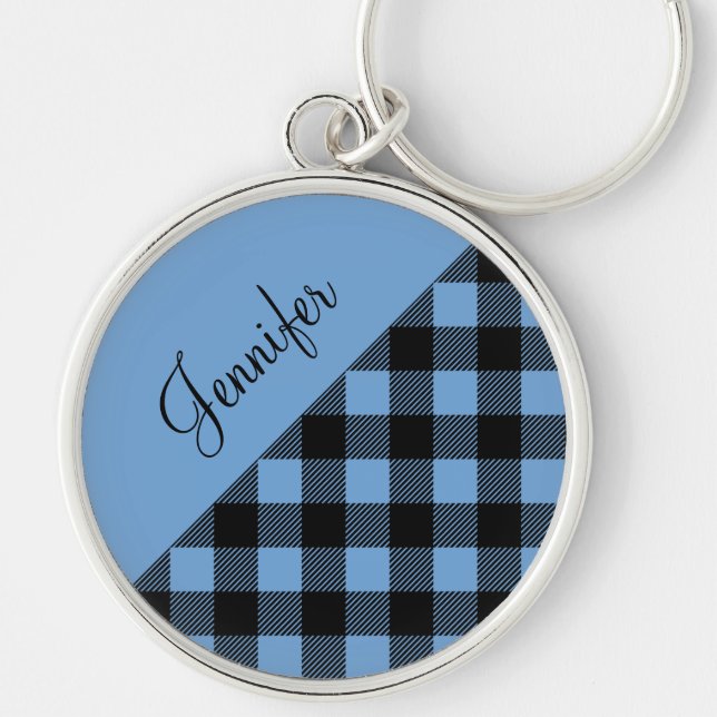 Modern Blue Buffalo Plaid Check Pattern Name Keychain (Front)